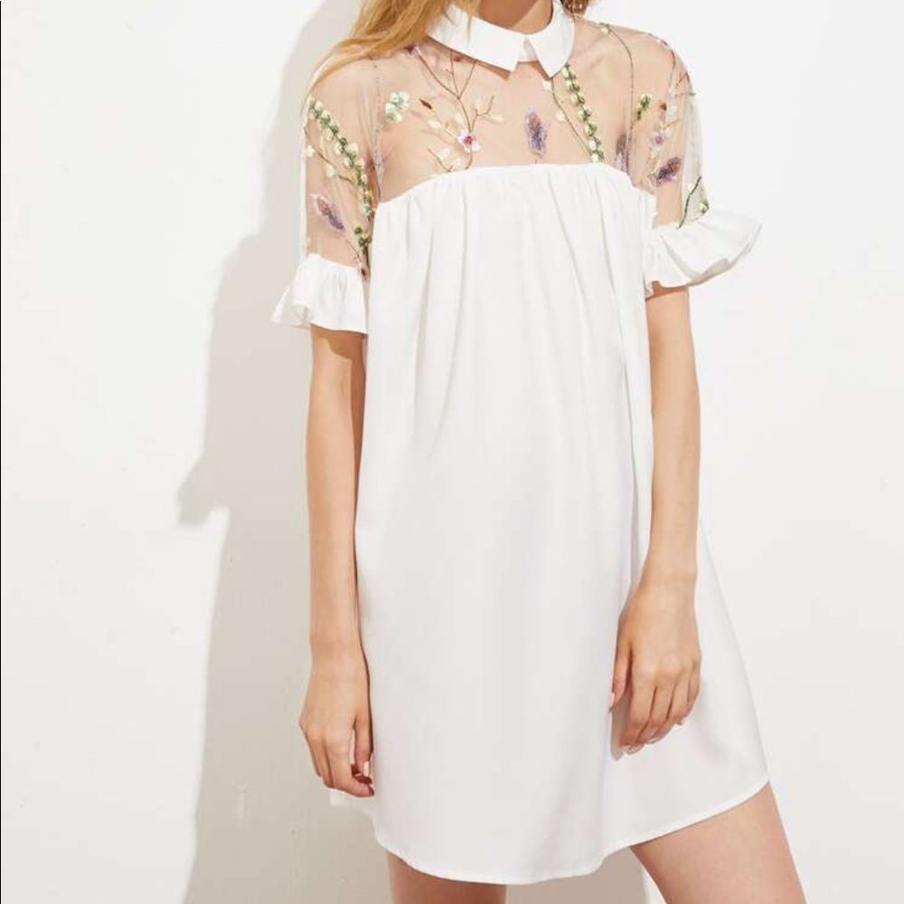 Collared Smock Dress with Mesh Floral Embroidery